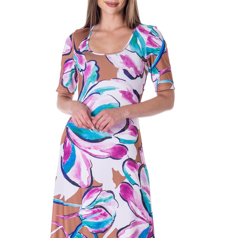 24seven Comfort Apparel Womens Pink Floral Elbow Sleeve Casual A Line Maxi Dress, 5 of 7