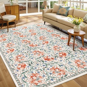 Floral Print Area Rugs Washable Vintage Accent Carpet, Non-Slip Oriental Floor Cover - 1 of 4