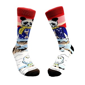 Winter Panda Wearing a Llama Sweater Watching a Snowy Owl (Men's Sizes Adult Large) from the Sock Panda - 1 of 4