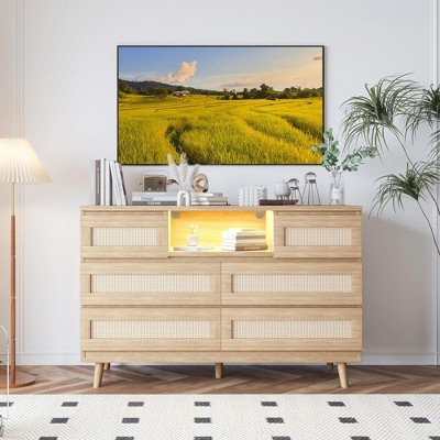 Natural Rattan 6 Dresser for Bedroom with LED Light and Charging Station