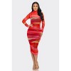 Slickblue Women's Glitch Print Mesh Ruched Midi Dress, Long Sleeve Smock Neck, Tomato/Yellow, Size S-L - 3 of 4