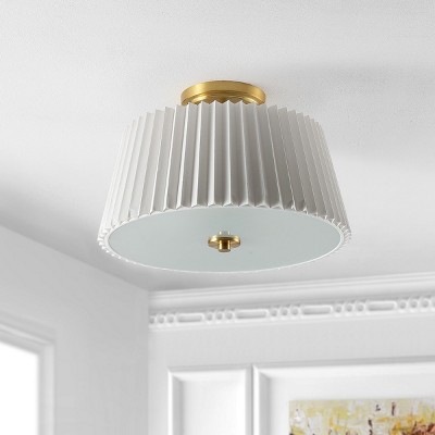 White Pleated Fabric Drum Flush Mount with Brass Gold Accents