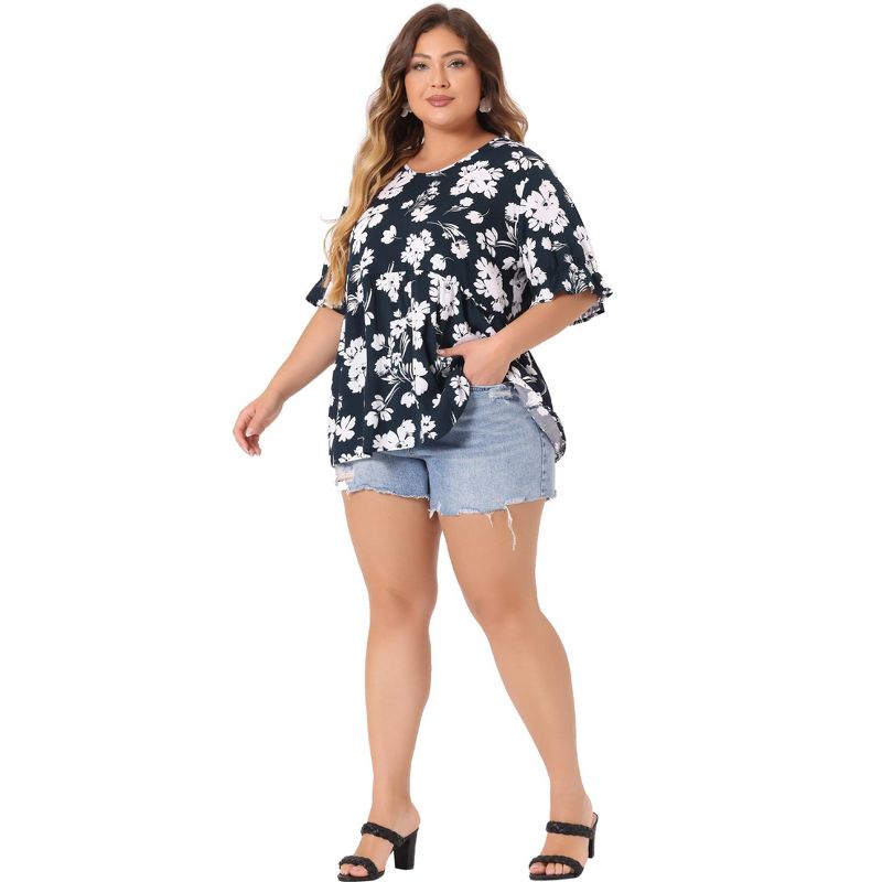 Agnes Orinda Women's Plus Size V Neck Floral Tiered Pleated Basic Casual Babydoll Blouses, 3 of 7