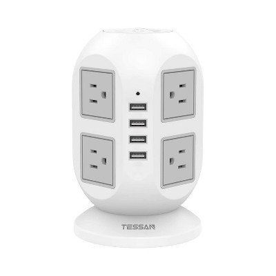 TESSAN Standing Power Strip Tower Extension Cord with Surge Protector, 8 AC Outlets, and 4 USB Charging Ports for Homes and Offices, White