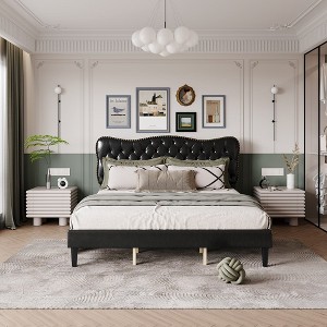 Whizmax Bed Frame Faux Leather Upholstered Platform Bed with Button Tufted and Adjustable Headboard Wooden Slat Support - 1 of 4