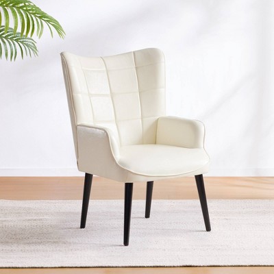 CAVINAS PU Leather Accent Chair with High Backrest and Wooden Leg,Mid-Century Upholstered Living Room Chairs,Reading Chairs for Living Room