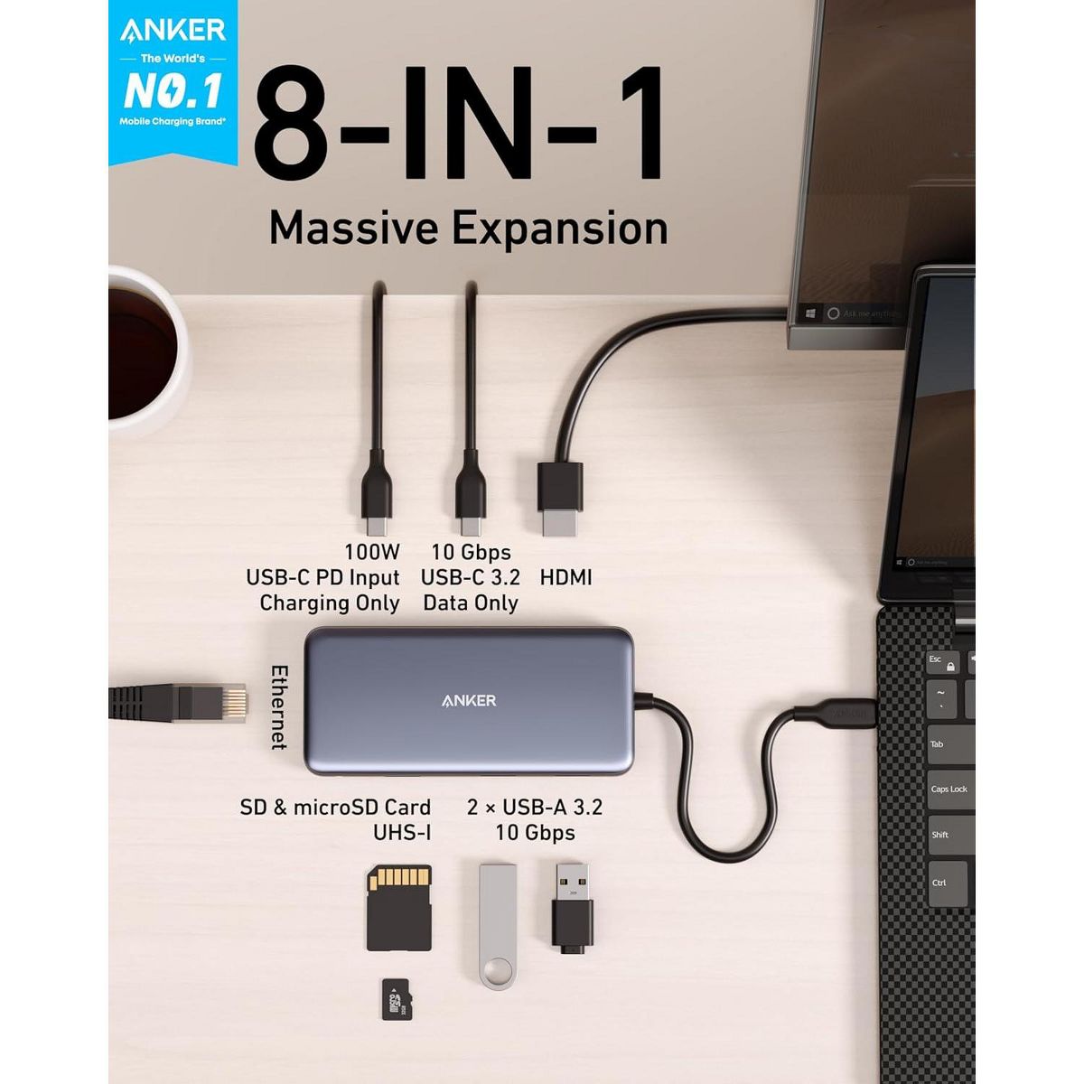 Anker USB C Hub with Ethernet, 8-in-1 Multiport Ethernet Adapter - thumbnail 2