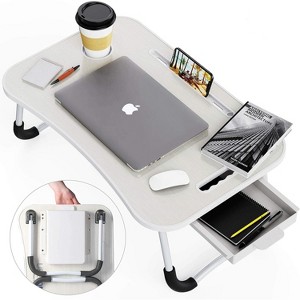 Lifelong White XL Foldable LapDesk Bed Tray Table with Drawer & Cup Holder – Portable Laptop Stand Desk for Home Office - 1 of 4