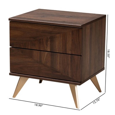 Graceland Walnut Brown 2-Drawer Nightstand with Gold Cone Legs