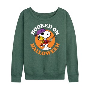 Women's - Peanuts - Hooked On Halloween Lightweight French Terry Wide Neck Long Sleeve Shirt - 1 of 4