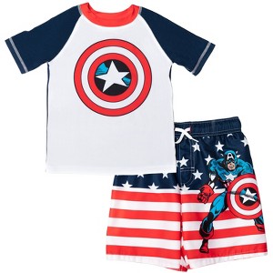 Marvel Avengers Spider-Man Captain America Hulk Iron Man Pullover Rash Guard & Swim Trunks Outfit Set Toddler to Big Kid - 1 of 4