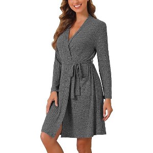 Ekouaer Women Robe Ribbed Knit Soft Bathrobe Knee Length Robes Stretchy Short Sleepwear with Pockets - 1 of 4