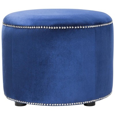 Transitional Royal Blue Velvet Round Ottoman with Nailhead Trim