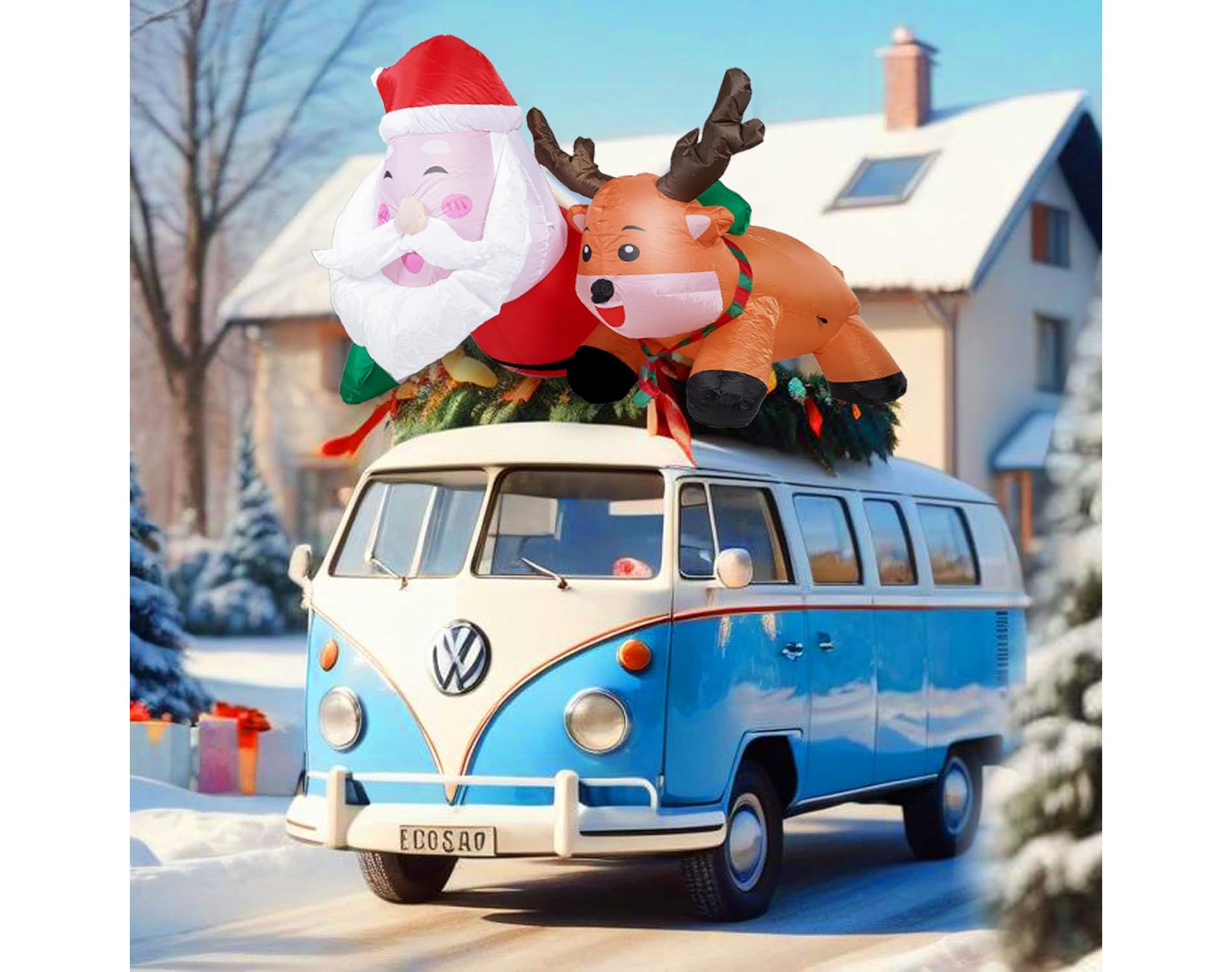 Zone Tech 6 Foot Christmas Inflatable Santa and Reindeer on Car -LED Lighted Outdoor Holiday Decoration, Red and White