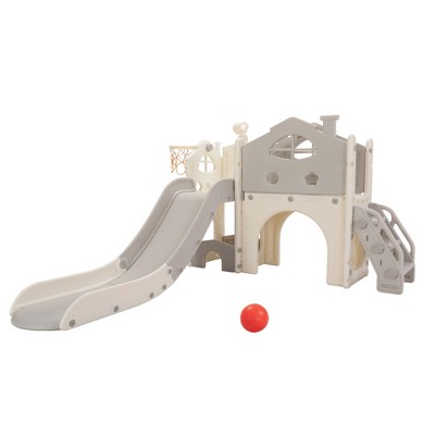 Infurnic Baby Activity Gyms 6-in-1 Kids Playground, Toddler Slide with Aisle, Tunnel, Climber, Basketball Hoop, Multicolored, 38"*14"*21"