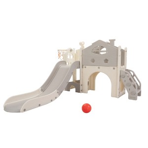 Infurnic Baby Activity Gyms 6-in-1 Kids Playground, Toddler Slide with Aisle, Tunnel, Climber, Basketball Hoop, Multicolored, 38"*14"*21" - 1 of 4