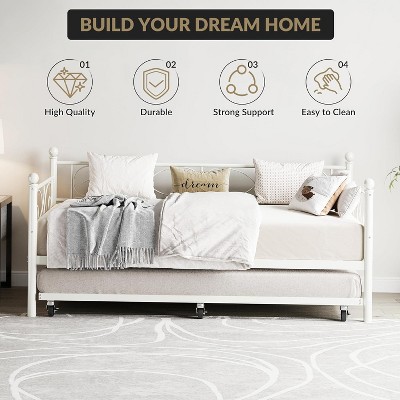 Twin Size Metal Daybed Frame with Trundle Heavy Duty Metal Slats, Mattress Foundation Platform Sofa Bed with Headboard for Bedroom