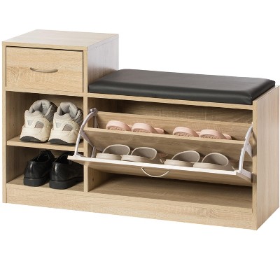 Basicwise Wooden Entryway Shoe Storage Bench with Cushion
