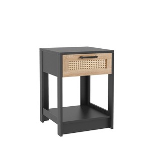 15.75" Modern MDF Side Table with Rattan Drawer – Stylish Bedroom & Living Room End Table (120lbs Capacity) - 1 of 4