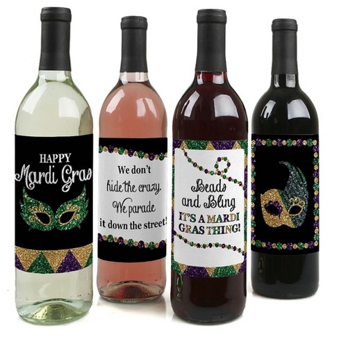 Big Dot of Happiness Mardi Gras - Masquerade Party Decorations for Women and Men - Wine Bottle Label Stickers - Set of 4 - image 1 of 4