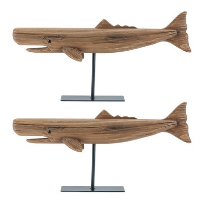 Pine Wood Whale Sculpture (Set of 2)