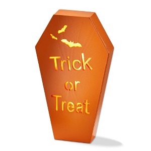 TAG Trick or Treat Coffin LED Decor - Halloween Decorative Sculpture, Indoor Use, 4.5" L x 1.25" W x 8" H, Orange Wood - 1 of 3