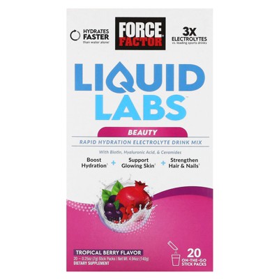 Force Factor Liquid Labs™ Beauty, Rapid Hydration Electrolyte Drink Mix, Tropical Berry, 20 Stick Packs, 0.25 oz (7 g) Each