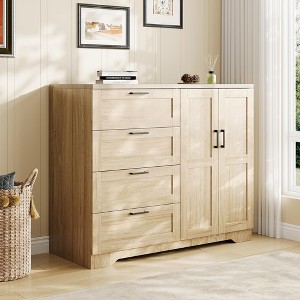Wooden Storage Cabinet, Side Organizer with 4 Drawers and Double Doors, Freestanding Wardrobe with 1 Hanging Rod, Bathroom Floor Storage Cabinet - 1 of 4