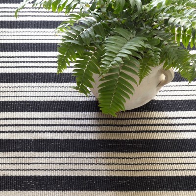 Handmade Black and Ivory Stripe Wool Rug 10' x 14'