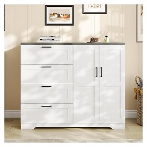 Multifunctional Wooden Dresser for Bedroom, 43.3'' H 2 Door Wardrobe Armoire Closet w/4 Drawers and Hanging Rod,Low Storage Cabinet for Hanging Cloth - 1 of 4
