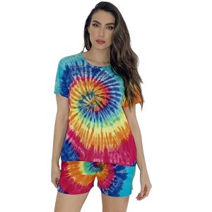 Just Love Womens Tie Dye Rainbow Shorts Set  Vibrant, Comfy Short Sleeve Sleepwear - 1 of 3