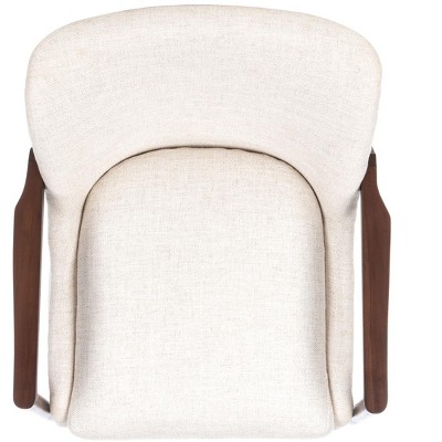 Scandinavian Cream Linen & Wood Transitional Accent Chair with Brass Tips