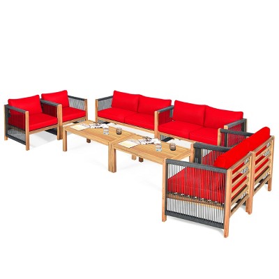 Tangkula Outdoor Patio Wood Conversation Furniture Set Padded Chair with Coffee Table Red/Turquoise