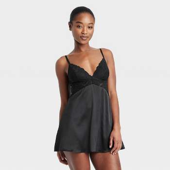 Women's Lace and Satin Unlined Lingerie Slip Dress - Auden™ Black