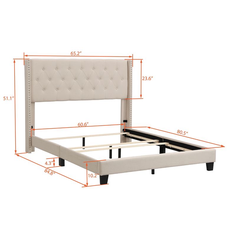Queen Size Upholstered Platform Bed with Classic Headboard, Beige - ModernLuxe, 3 of 9