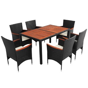 TiramisuBest 7-Piece Outdoor PE Rattan Wicker Dining Set - Acacia Wood Tabletop, Stackable Armrest Chairs,Cushions (Brown) - 1 of 4