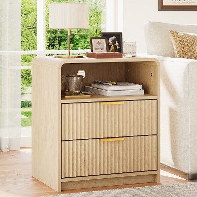 Angel Sar Mid-Century Modern Nightstand with Charging Station, Fluted Wood Bedside Table with 2 Drawers & USB Ports, Natural Finish