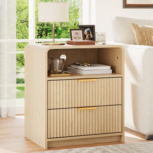 Angel Sar Mid-Century Modern Nightstand with Charging Station, Fluted Wood Bedside Table with 2 Drawers & USB Ports, Natural Finish - 1 of 4