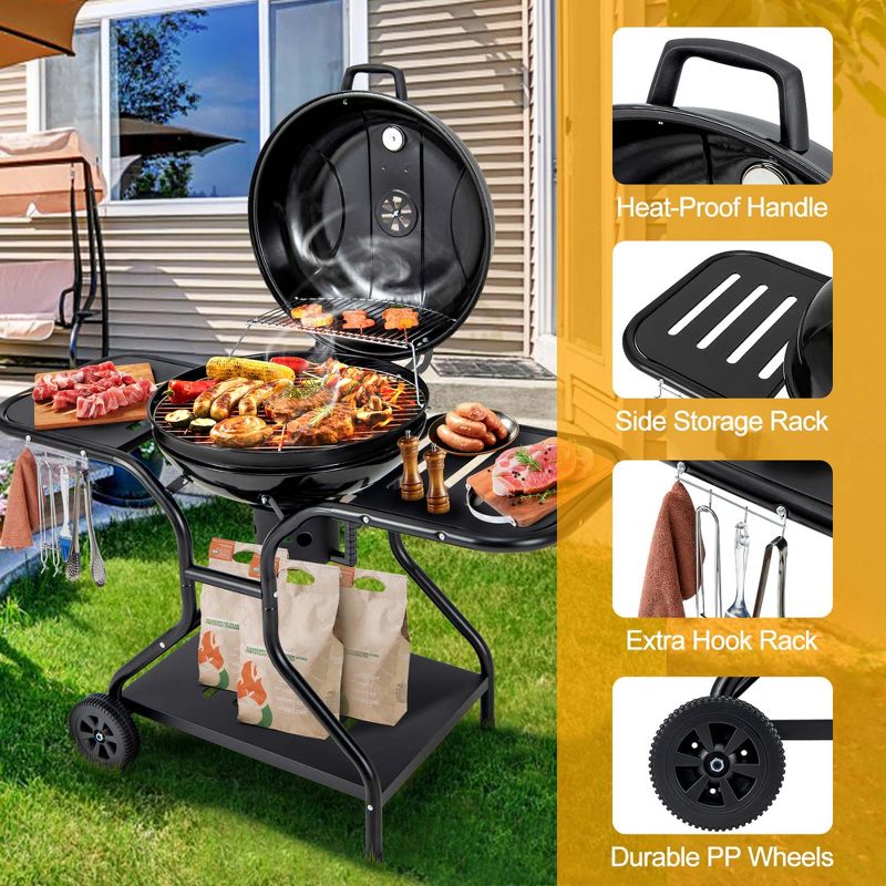 Costway 22 inch Charcoal BBQ Grill with Built-In Thermometer Wheels Side & Bottom Shelves, 3 of 10