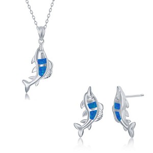 Opalata Sterling Silver Blue Inlay Opal Fish Earrings and 18" Pendant Necklace Set - 1 of 4