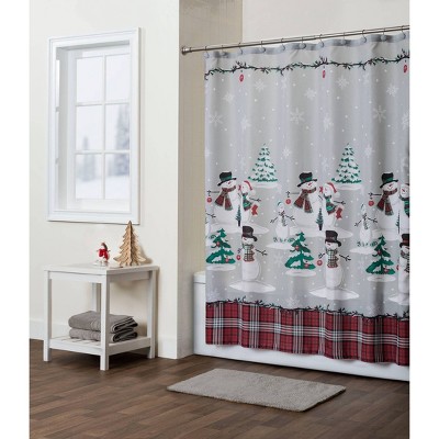 Plaid Snowman Fabric Shower Curtain with Hooks Set