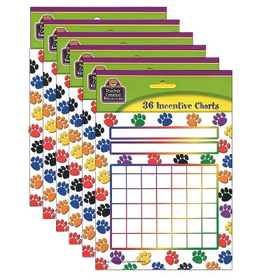 Teacher Created Resources Colorful Paw Prints Incentive Charts 5.25" x 6" 36 Sheets Per Pack 6 Packs