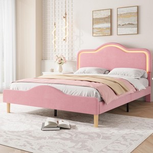 Upholstered LED Bed Frame with Adjustable Headboard & Footboard, Velvet Princess Platform Bed for Kids/Girls, Easy Assembly - 1 of 4