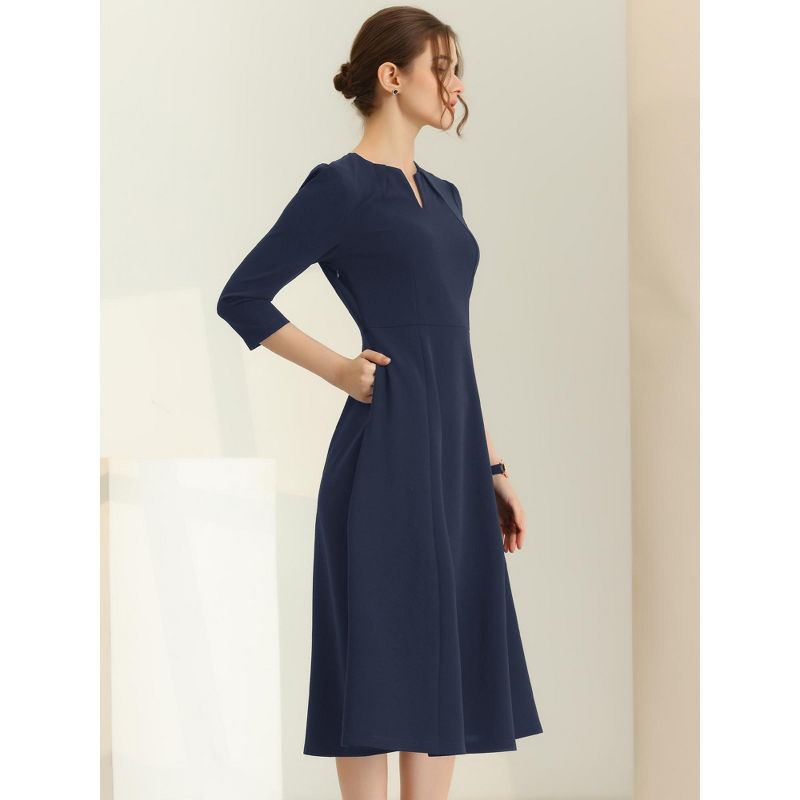 Allegra K Women's Elegant Split Neck Side Zipper Pockets 3/4 Sleeve Work A-Line Dress, 2 of 6
