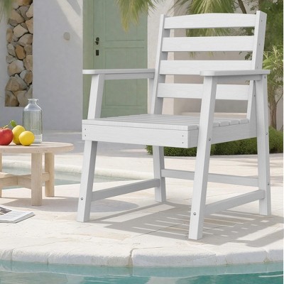 PDTEND Single Patio Dining Chair, Oversized All-Weather Seat with Armrests, Imitation Wood Grain Design - White