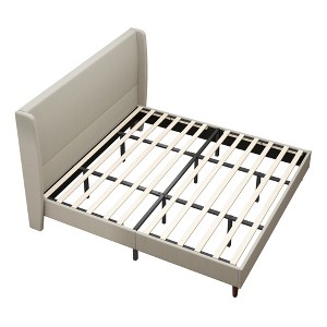 GDFStudio Lindsay Beige Upholstered Wood Bed Frame with Wingback and Solid Wood Legs - 1 of 4