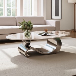 49.2" Faux Marble Oval Coffee Table with Gold Sculptural Base - 1 of 4