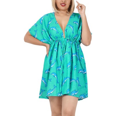 LA LEELA Women's Beach Cover Up Robes Beachwear Hawaiian XL-XXL Cyan Dolphin