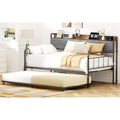 ROOMTEC Twin Size Daybed with Trundle, Metal Sofa Bed Frame with Upholstered Storage Headboard and Charging Station, Black