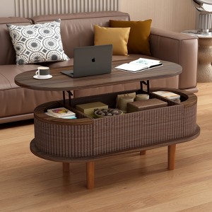 KWPZQEB Lift Top Coffee Table with Storage, Oval Center Table with Hidden Storage, Fluted Coffee Table for Living Room - 1 of 4